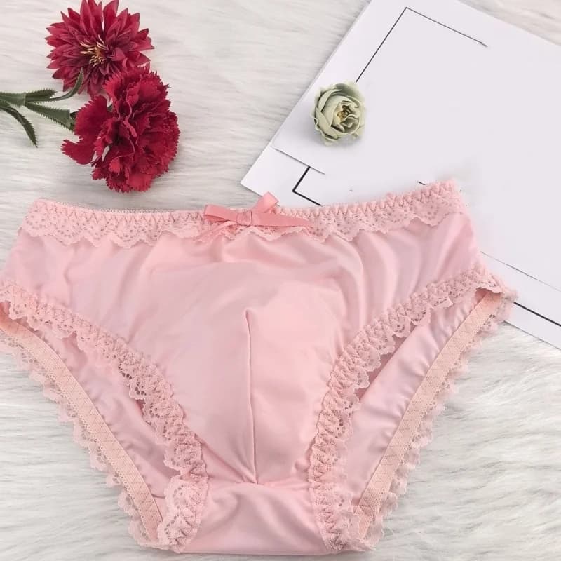Man's Pink Silky Satin Briefs Lace Trim Bow Cross-dressing Underwear Soft Smooth Touch Convex Pouch LGBT Erotic Lingerie