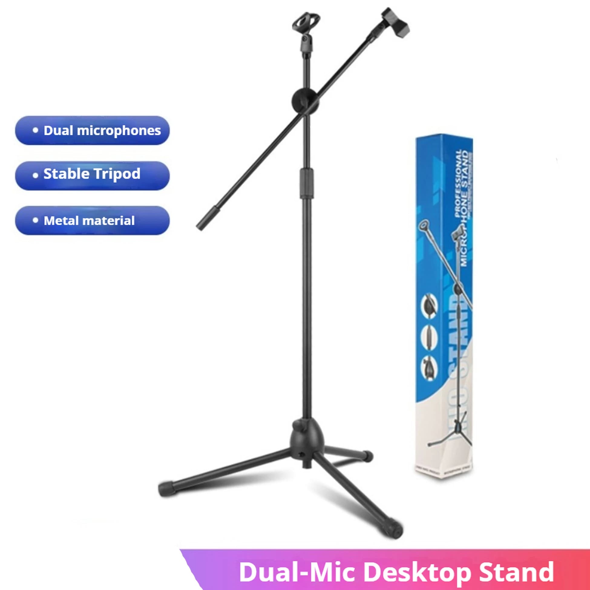 Microphone floor stand with double arm design: flexible multi-angle adjustment, suitable for singing, playing instruments, etc. Height Adjustable: Suitable for Different Heights and Requirements of Use. Tripod base: stable and anti-vibration, safer for performance, durable metal material