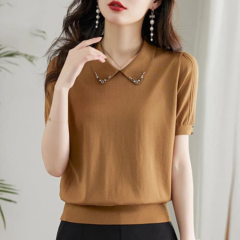 Maglione da Donna con Perline a Maniche Corte, Nuovo Pullover Lavorato a Maglia con Colletto Rovesciato, Top da Donna Q2712