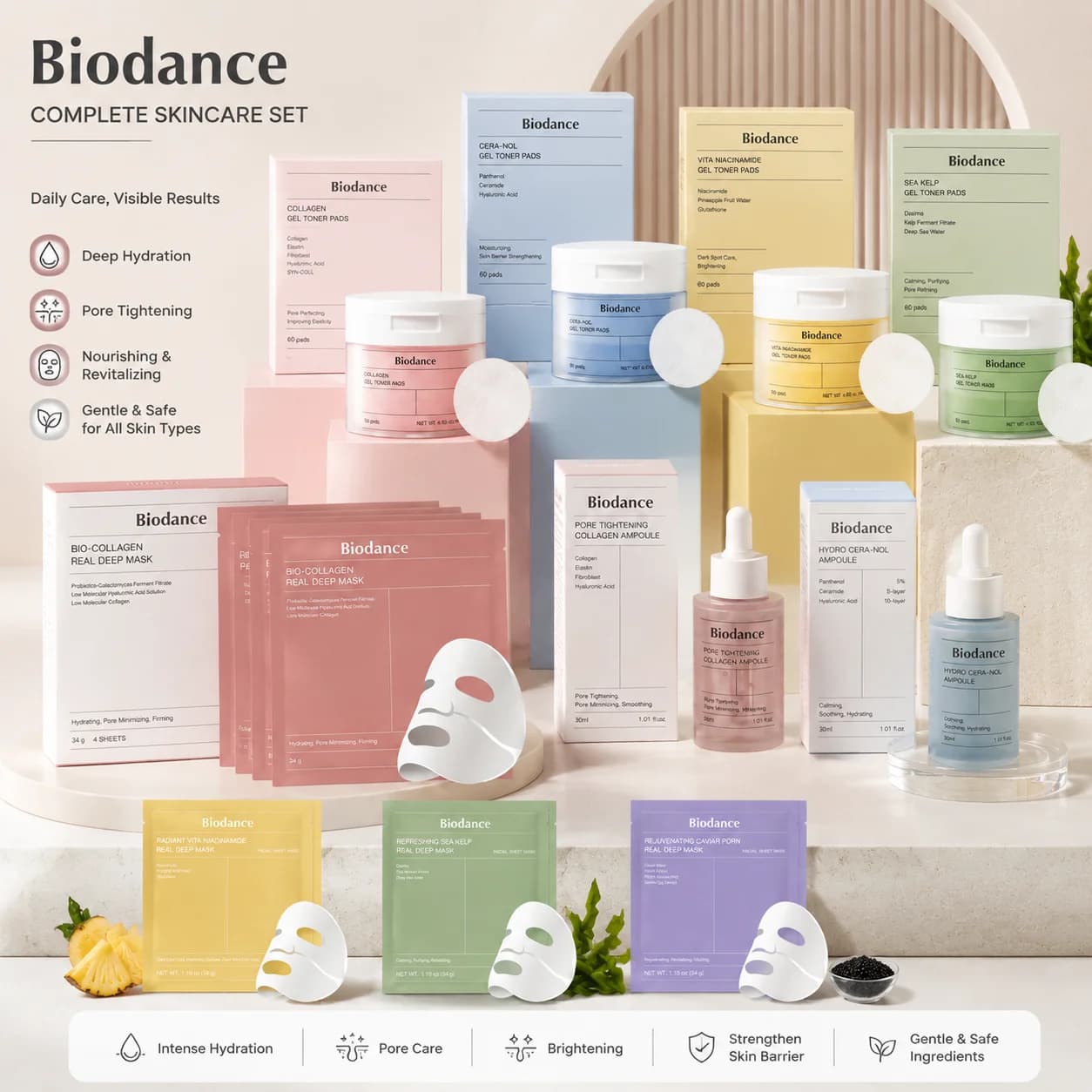 Korean Bio-Collagen Deep Moisturizing Gel Toner Pads Overnight Deep Mask Shrinking Pores Improving Elasticity Plumping Skincare