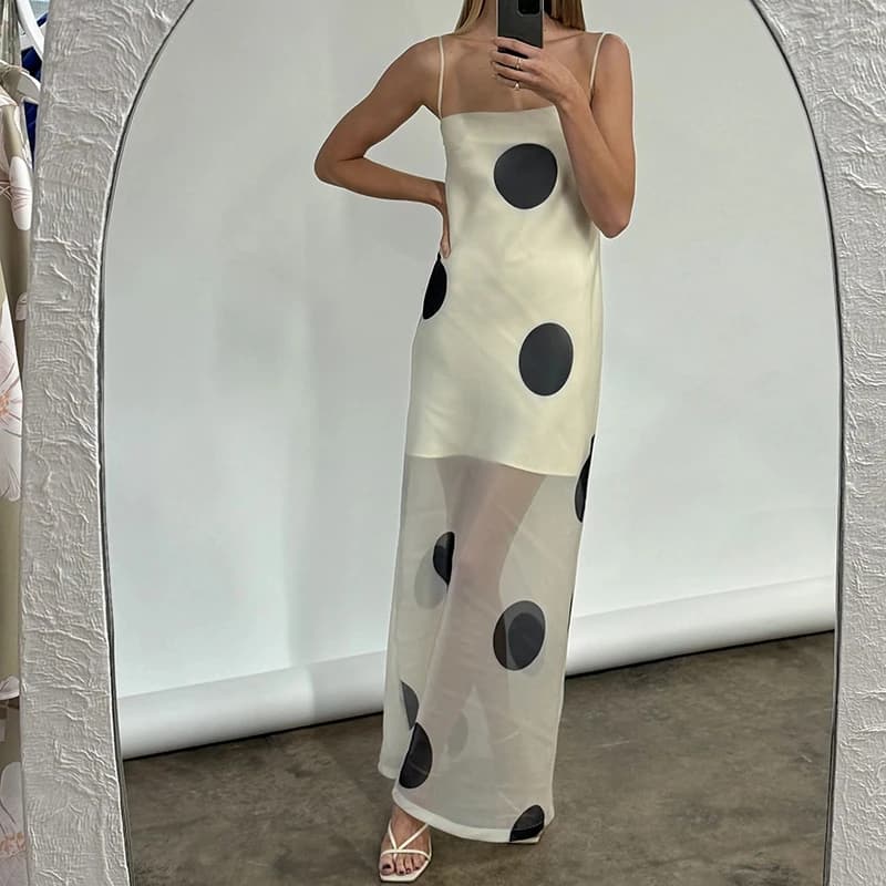 Women Polka Dot Maxi Dress Spaghetti Strap Sheer Mesh Long Dress Sexy Sleeveless Backless Elegant Ladies Summer Dresses