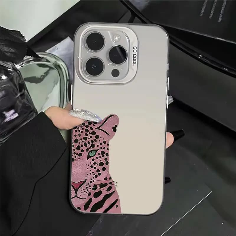 Pink Leopard Head Fashion TPU Craft Phone Case for iPhone 11-17 series Anti-Drop Protection