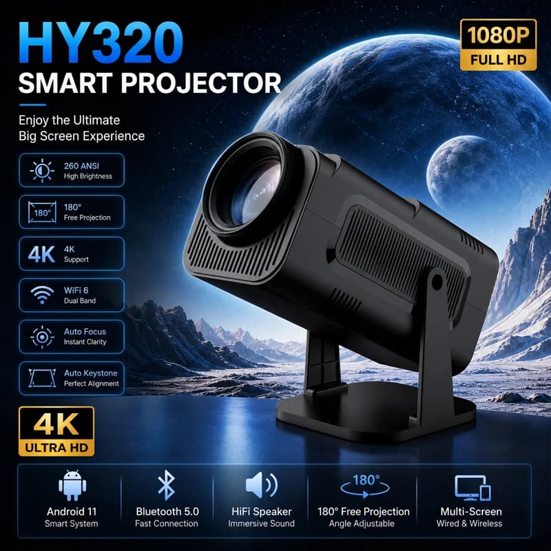 Nuovo Proiettore Smart HY320 4K Full HD Android 1280*720P Dual Wifi Video Portatile per Esterni e Casa HD LED Proiettore Cine en Casa Pro