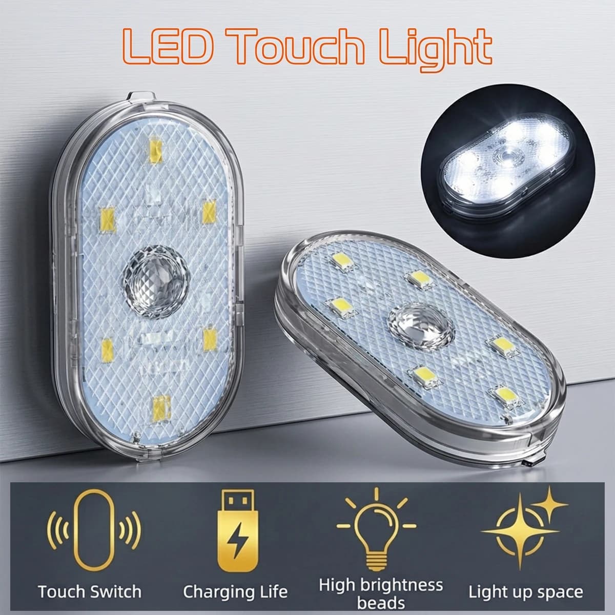 1-4PCS Touch Light for Car Led Light 6 Bright LED Beads Finger Touch Sensor Reading Lamp Gentle Illumination for Car Trunk Hood