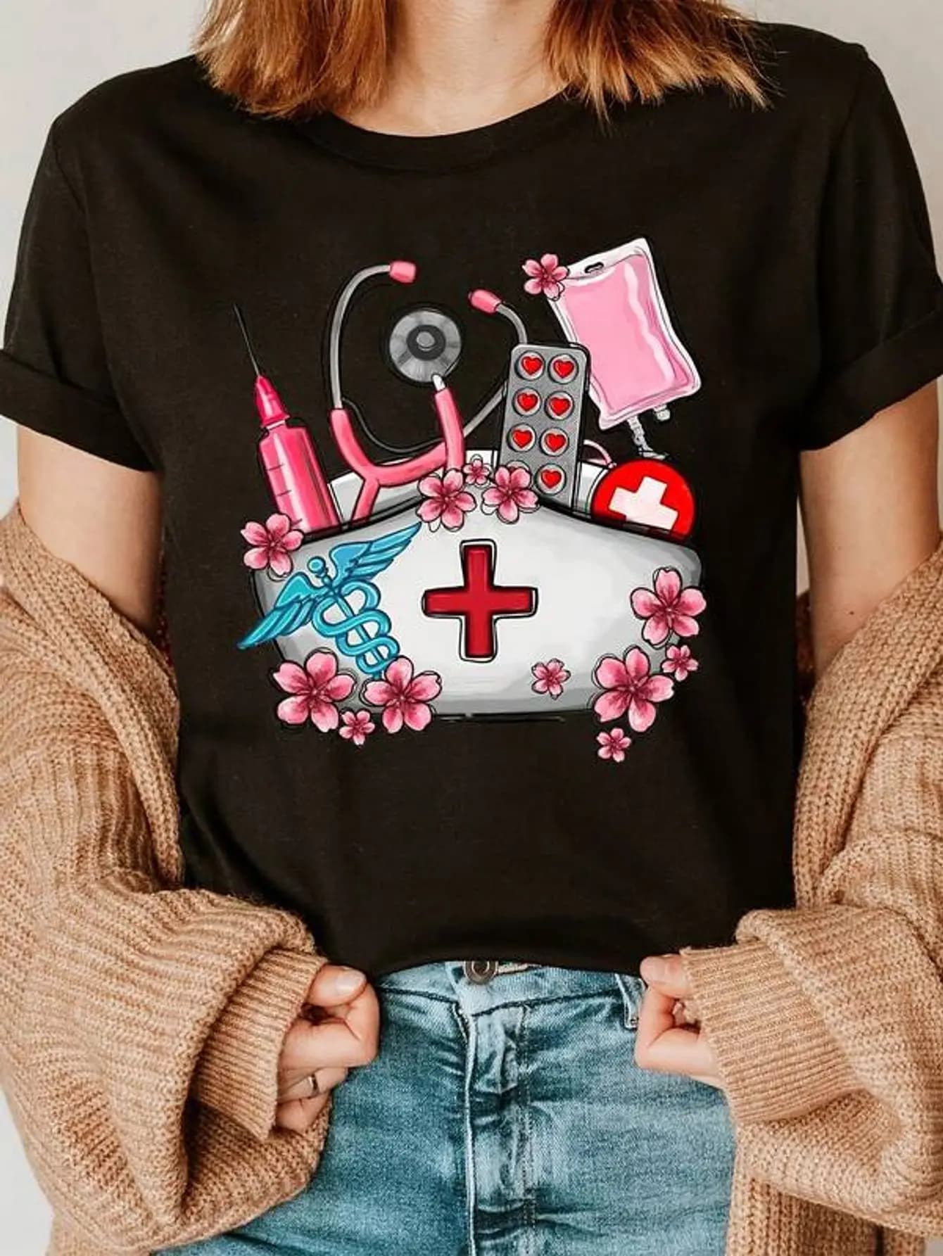 Nurse Fashion Letter Print T-Shirt, Short Sleeve Crew Neck Casual Top For Summer & Spring, Women'S Apparel