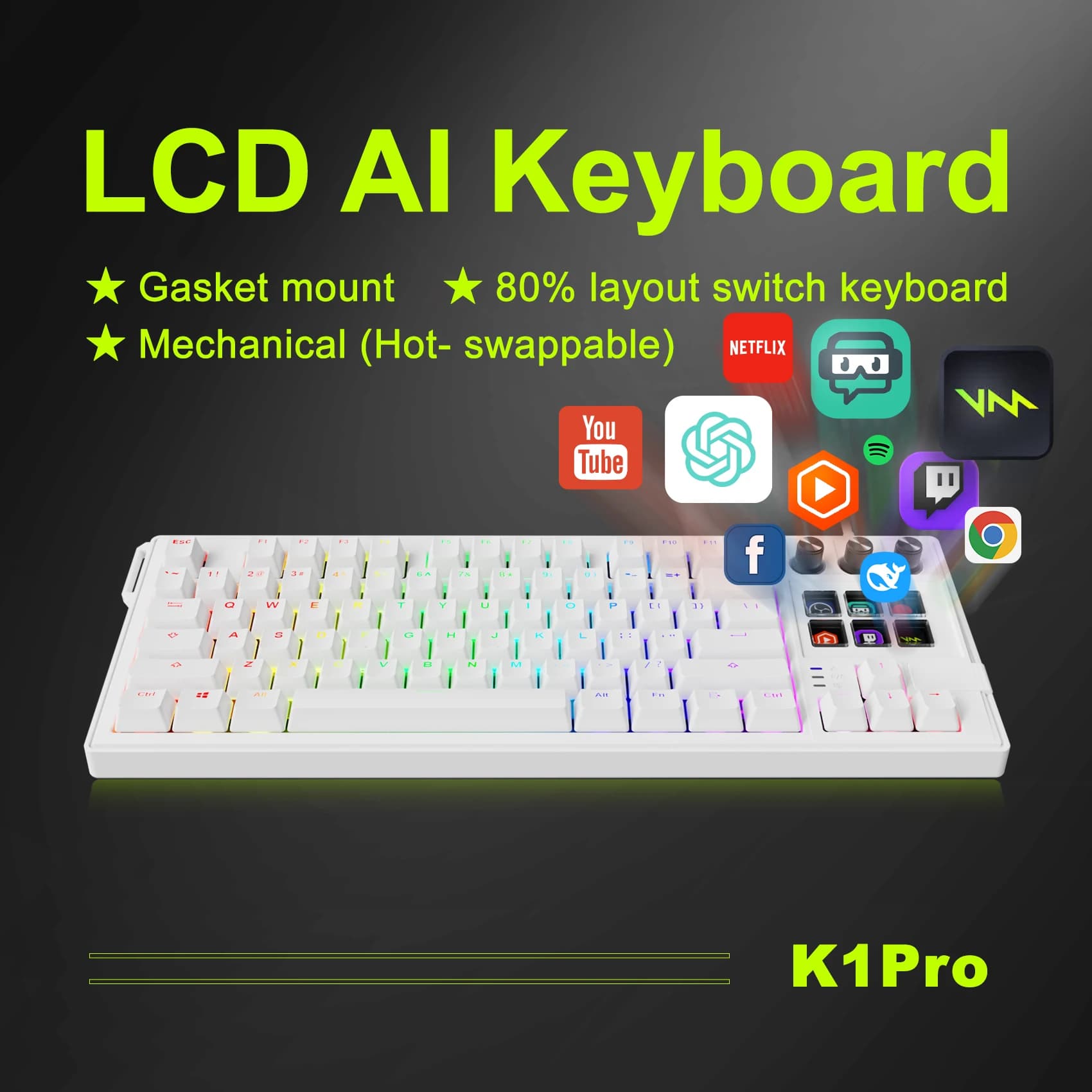 MiraBox K1 Pro AI Stream Deck Tastiera Meccanica da Gaming, Console Visiva Streamdeck, Macropad RGB Hotswap, Tastiera Cablata per Gamer