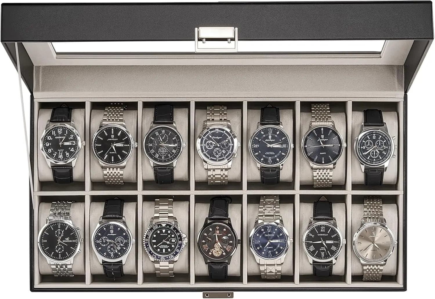 Watches Box with 14 Parts and Glass Cover, Display Organizer for Men's Watches, Valentine's Day Gift and Birthday for Men and Women - Black
