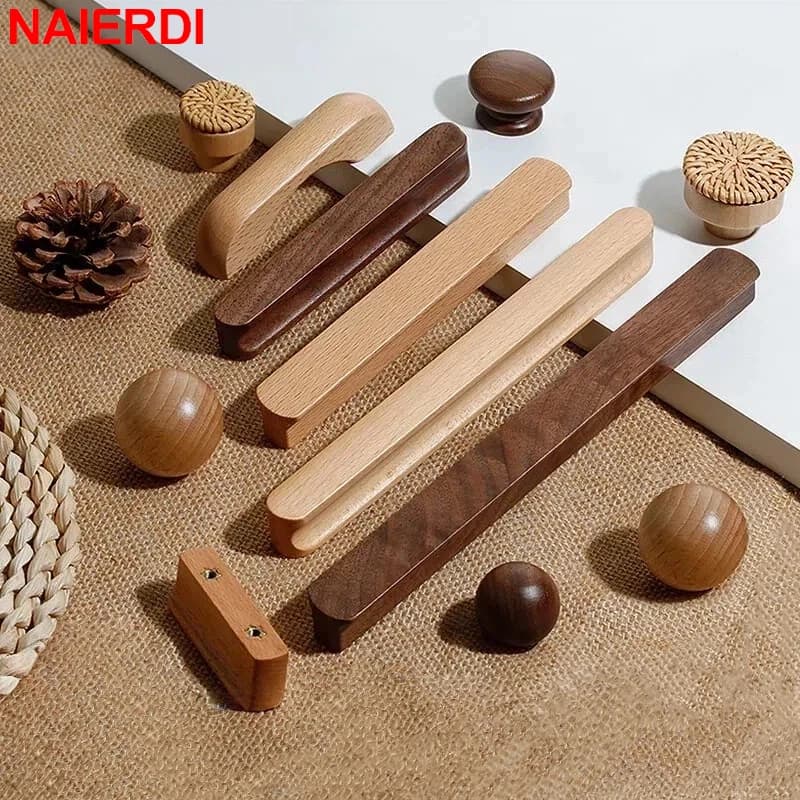NAIERDI 5 Pieces Natural Wooden Cabinet Knobs andl Handles Walnut Kitchen Cabinet Pulls Drawer Knobs Round Furniture Handle