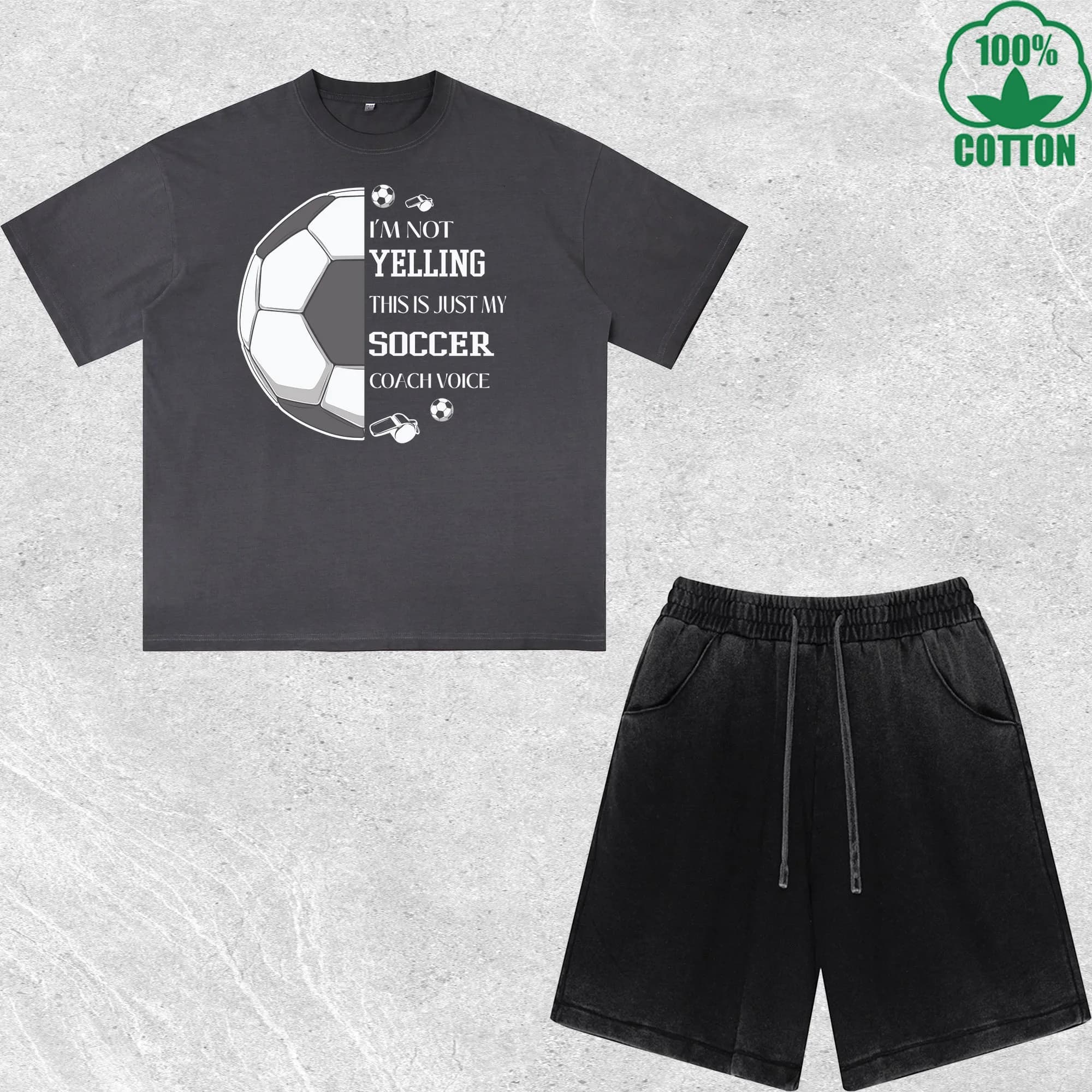 T-Shirt and Yelling Shorts with Football Printing, Upholstered Effect, Wide fit, Trendy, 100% Cotton, Black