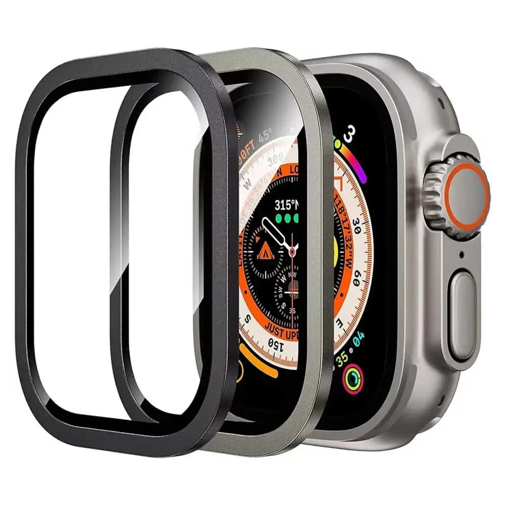 2 Pieces Metal Frame + Glass for Apple Watch Ultra 49mm Full Cover Screen Protector Film for Apple iWatch Ultra 49mm/Ultra 2 Glass