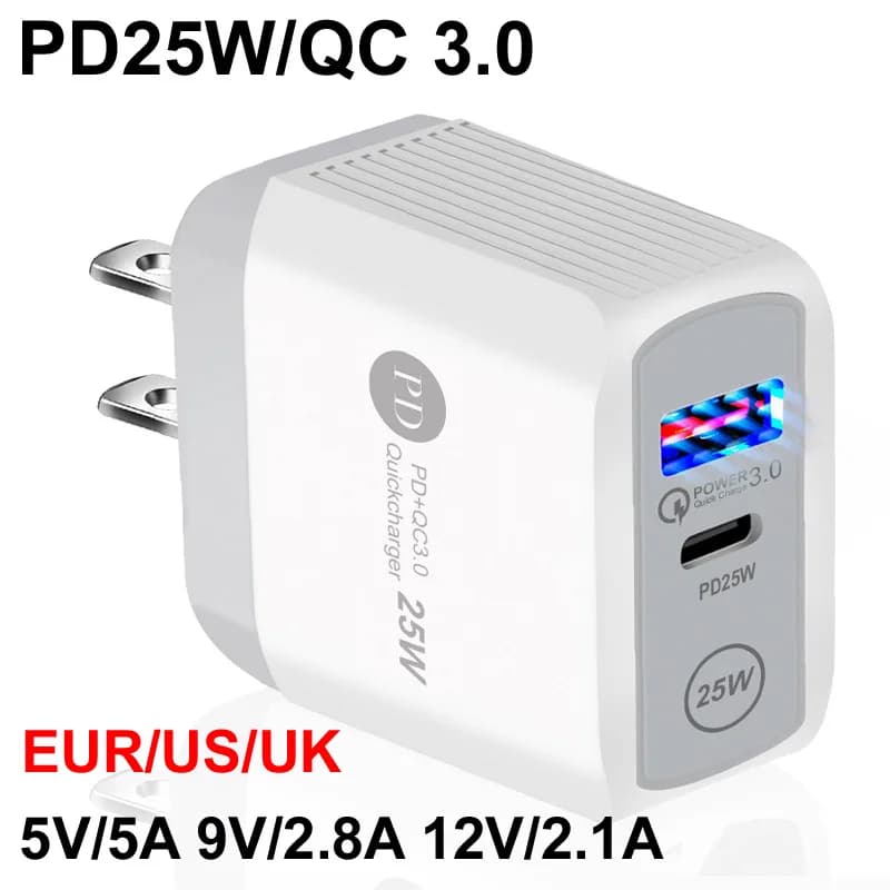 PD 25W 5V/5A 9V/2.8A 12V/2.1A EU/US/UK Plug LED Light 2 porte adattatore USB caricatore da muro ricarica rapida QC 3.0 cellulare