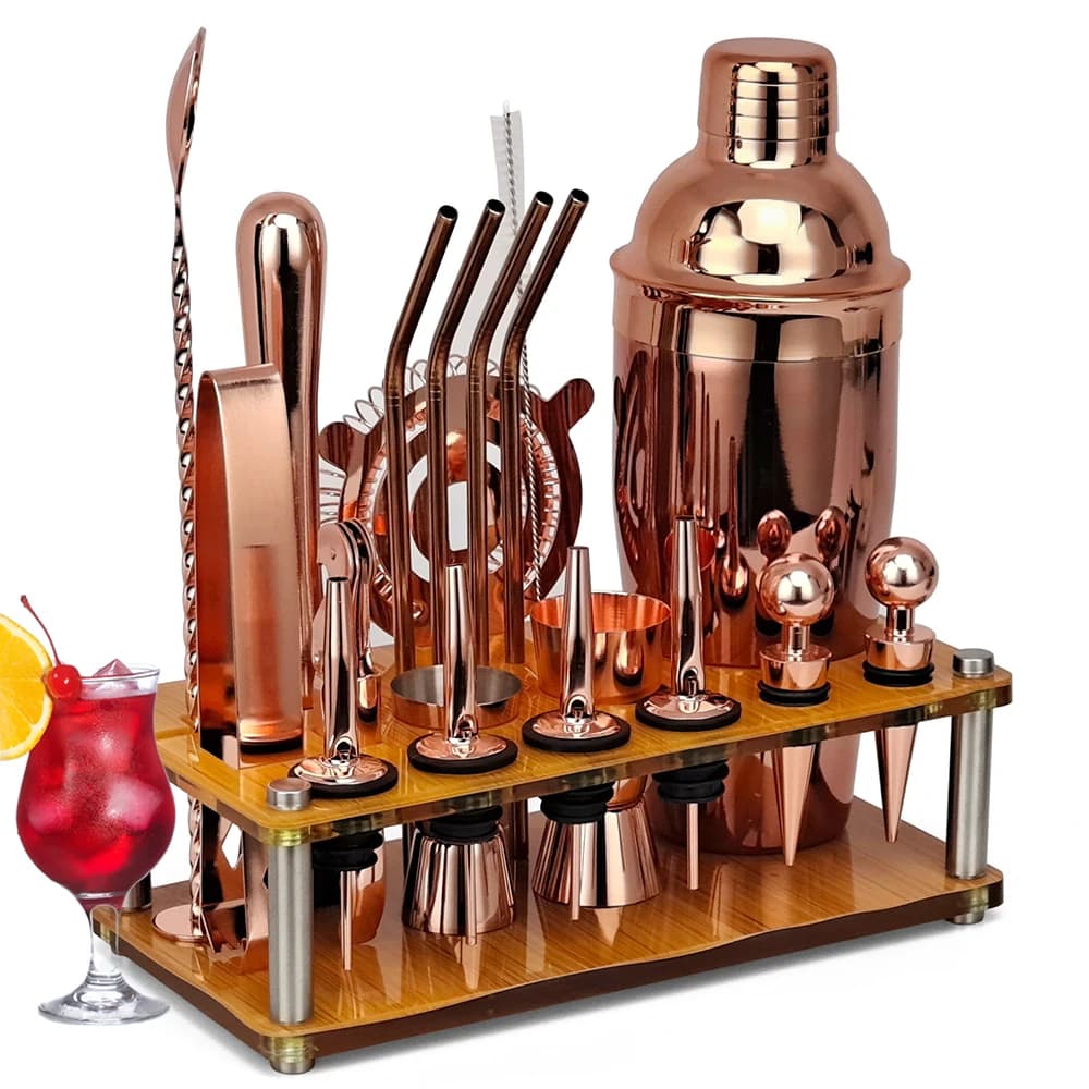 Kit barista in oro rosa da 20 pezzi, Set Shaker per Cocktail con supporto acrilico rotante, per bevande miste Martini Home Bar utensili da cucina
