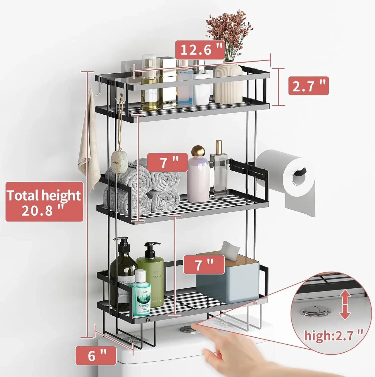 Organizzatori e contenitori per il bagno, ripiani da parete a 3 livelli, sopra il WC con portarotolo e 2 ganci,