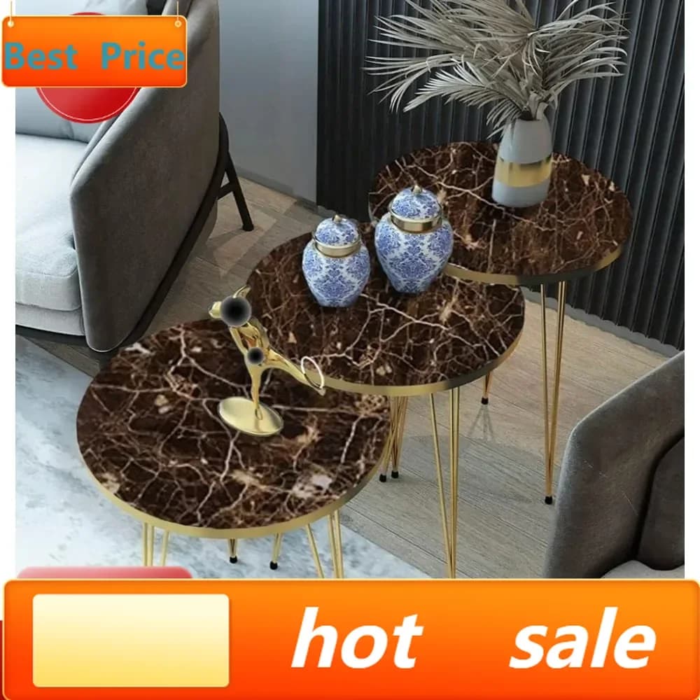 Tavolini rotondi in legno impilabili con gambe in metallo, ideali per soggiorni e uffici domestici