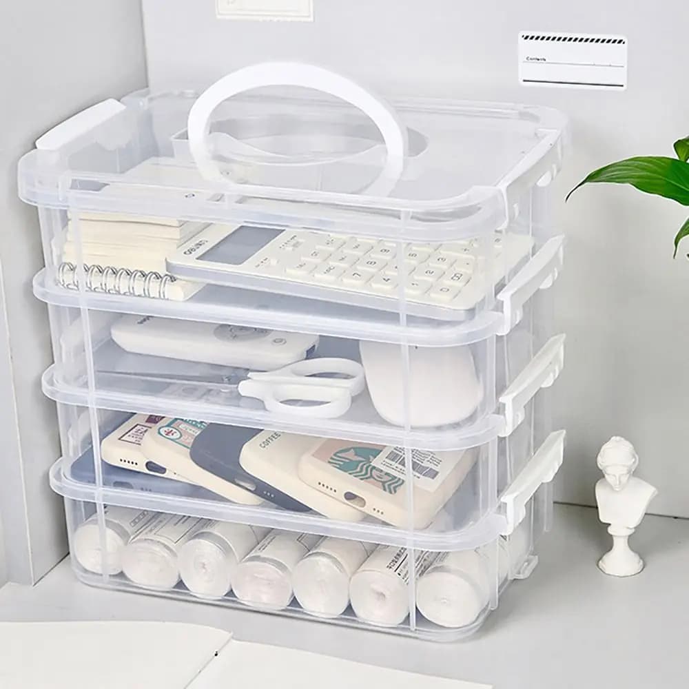 Nuovo Organizzatore da Scrivania a 4 Livelli, Contenitore Impilabile per Trucchi, Scatola in Plastica Trasparente per Gioielli