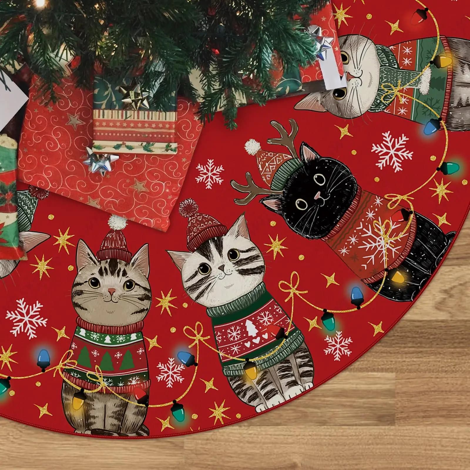 Gonna per albero di Natale con gatto Gonna rossa per albero di Natale Tappetino per albero Decorazioni natalizie invernali da 48 pollici per la casa
