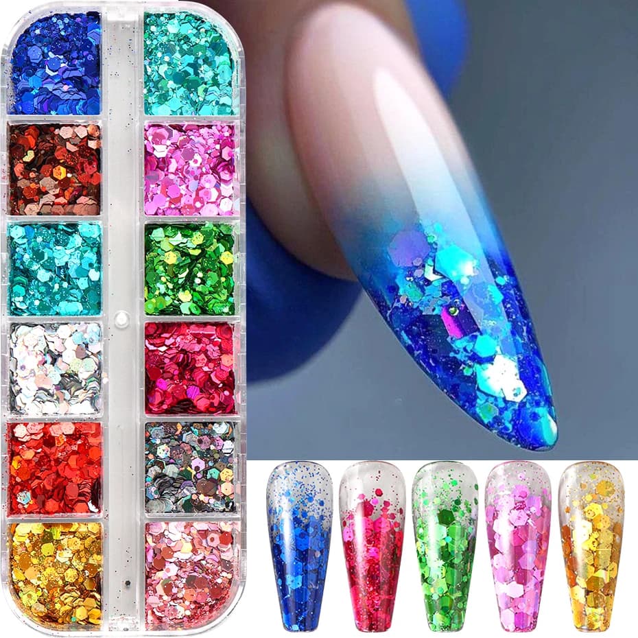 12 colori scintillanti olografici nail art glitter paillettes laser 3D esagono fiocchi polvere per unghie trucco decorazioni per nail art manicure
