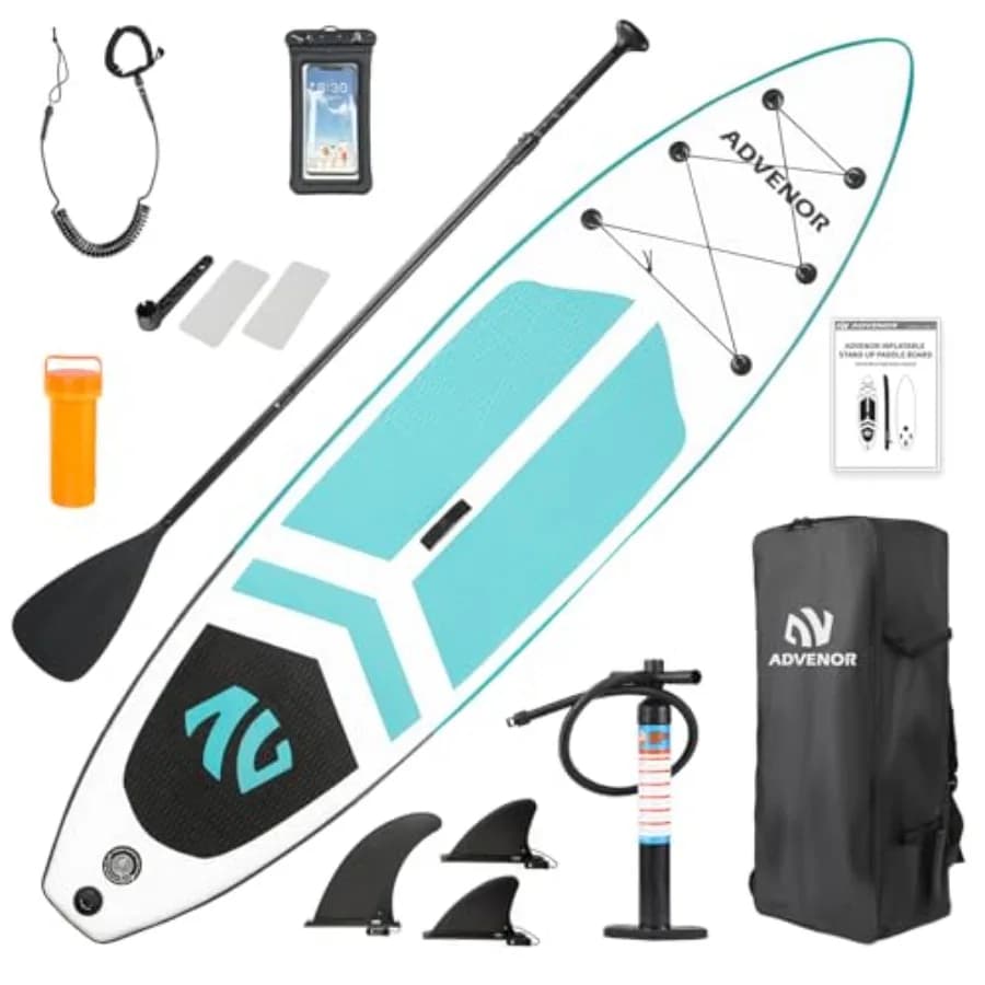 Inflatable paddle board for outdoor water sports, PVC material, blue color, extra wide 33-inch stability with fishing mounts an