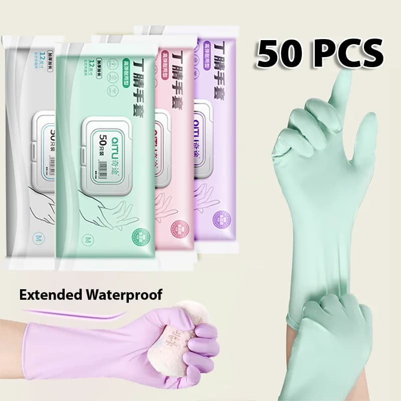50 pz Guanti per lavare i piatti in nitrile Pulizia della casa Cucina Food Grade Usa e getta per uso domestico Impermeabile Lavoro Guanto lungo in silicone