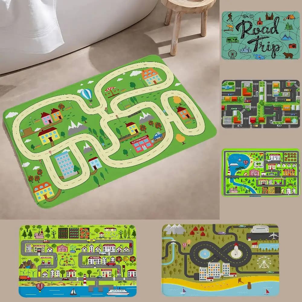 Cartoon Traffic Map Floor Mat Bathroom Absorbent Mat Simple Door Dirt-resistant Mat Home Kitchen Mat Foot Mat Entry Mat