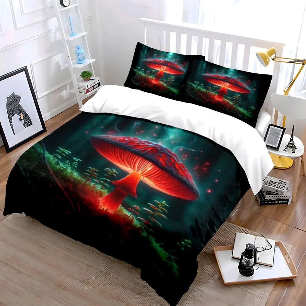 Set Decorativo Foresta di Funghi Luminosi, Set di Biancheria da Letto Morbido e Delicato sulla Pelle, Include 1 Copripiumino e 2 Federe, Regalo