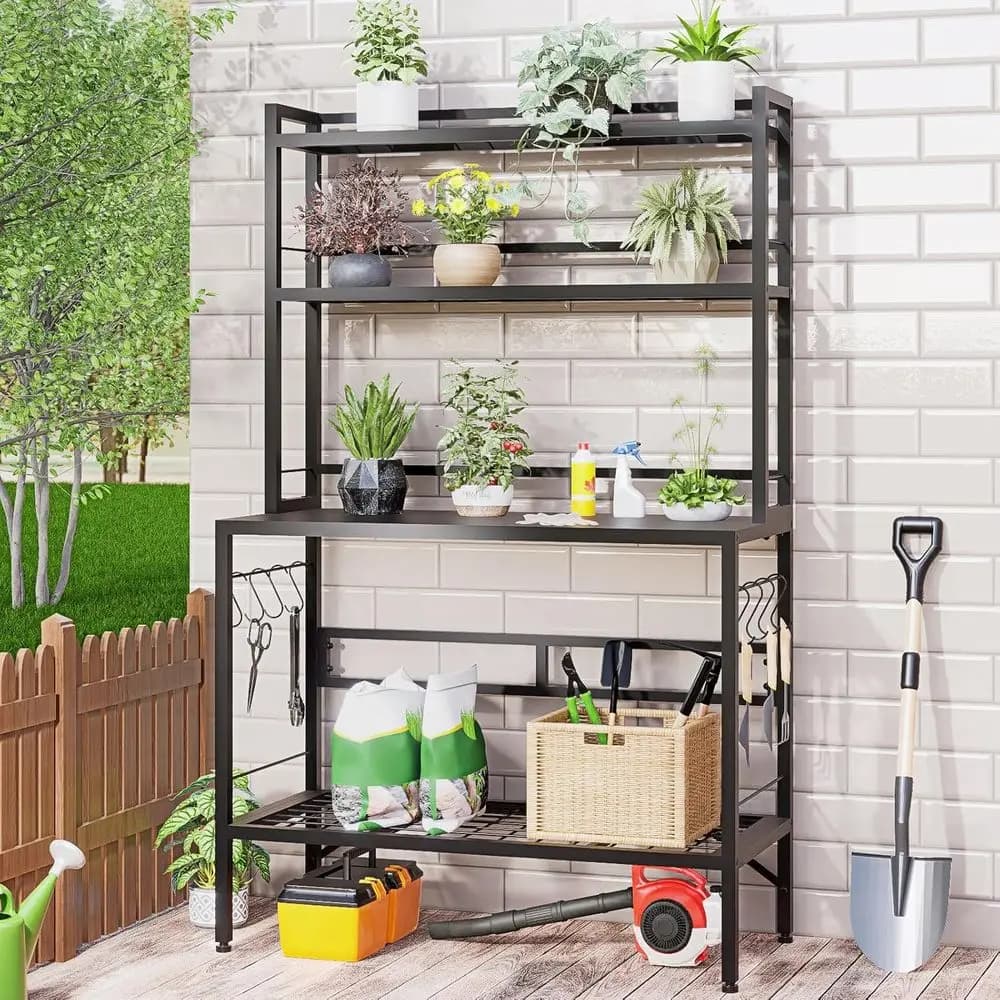 Panca da Giardino Alta 63 Pollici con Spazio di Archiviazione, Supporto per Piante a 4 Livelli in Metallo, 8 Ganci, Postazione di Lavoro Robusta per Patio e Giardino, Nera