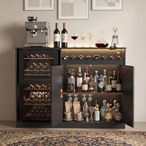 53 Inch L-Shape Contemporary Bar Cabinet With Integrated Mini Fridge, Wine Rack, Glass Storage, And Fluted Sideboard For