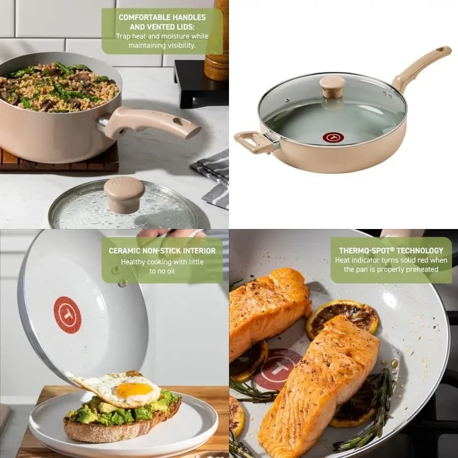 Padella Antiaderente in Ceramica Refresh con Coperchio 5 Qt, Utensili da Cucina, Manico Anti-calore, Padella, Pentole e Padelle, Colore Sabbia