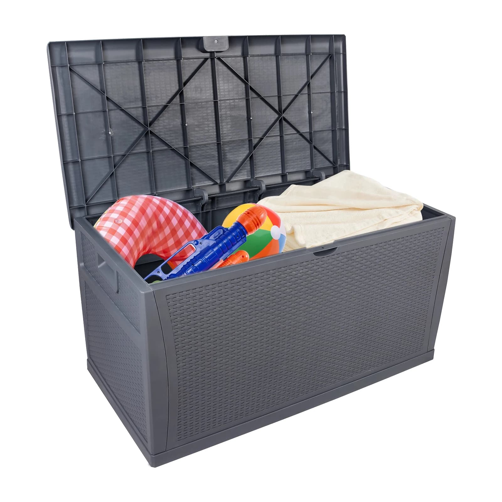 120gal 460L Outdoor Garden Plastic Storage Deck Box Chest Tools cuscini giocattoli sedile chiudibile a chiave impermeabile