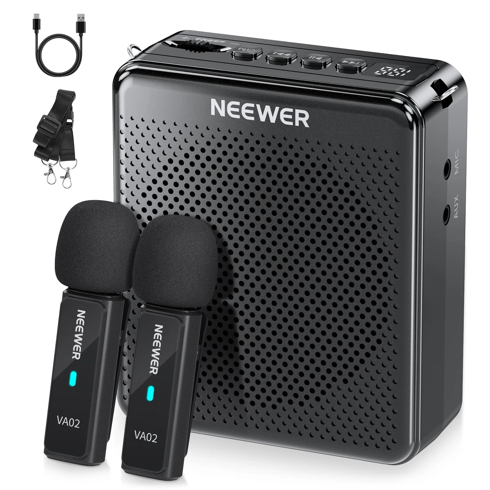 NEEWER Wireless Microphone Voice Amplifier Mini USB C Rechargeable Noise Cancelling Sound Speaker Megaphone & Mic Set