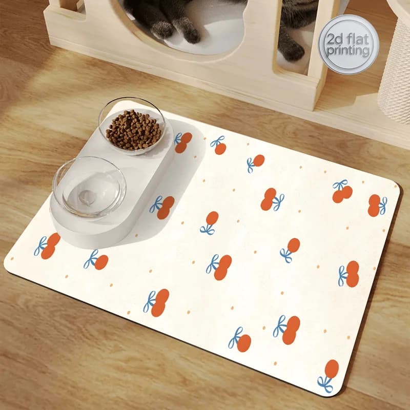 Tappetino Assorbente Rapido per Cibo di Cani e Gatti con Motivo a Foglie e Bacche di Agrumi | Tappetino antiscivolo per l'alimentazione degli animali domestici
