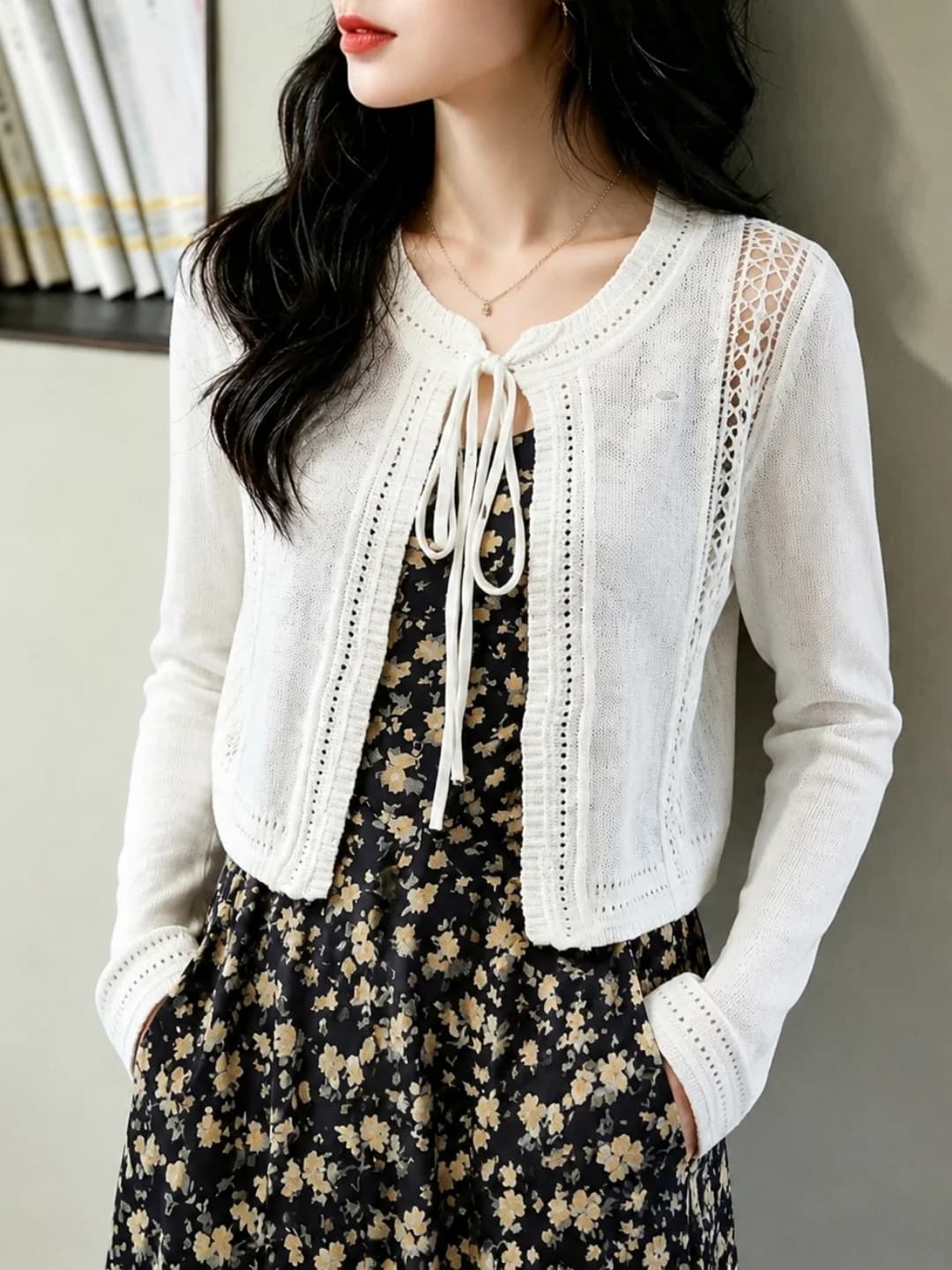 Summer Ice Silk Knitted Long Sleeve Hollow Design Women's Top Belted Commute Style Sunscreen Fashionable Versatile Casual Shirt