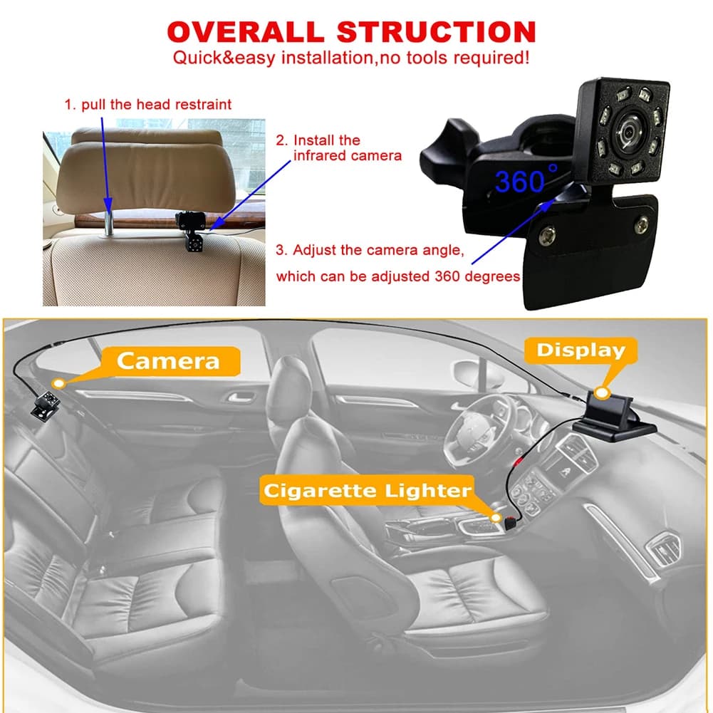 Telecamera per seggiolino auto a LED HD da 4,3 pollici Impermeabile 8LED IR Visione notturna Display per specchio per seggiolino auto Schermo pieghevole Display per monitor per poggiatesta
