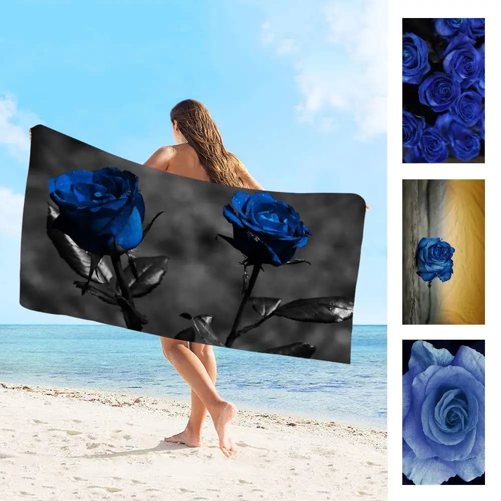 Asciugamano da spiaggia con fiori di rosa blu, asciugamano da spiaggia, morbido e assorbente, regali per bambini, per bambini, viaggi, campeggio, palestra