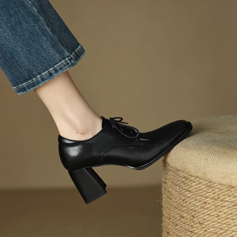 NEW Spring/Autumn Women Loafers Square Toe High heels Split Leather Chunky Heel Pumps Women Plus Size Retro Lace Up Black Shoes