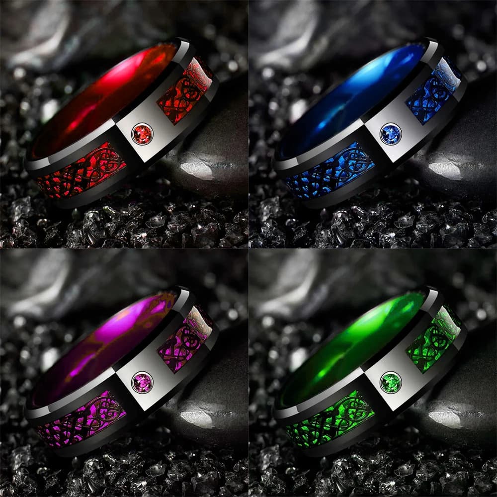 Anelli di drago celtico in acciaio inossidabile moda uomo con anelli in fibra di carbonio CZ di cristallo rosso blu verde per gioielli da uomo per fedi nuziali