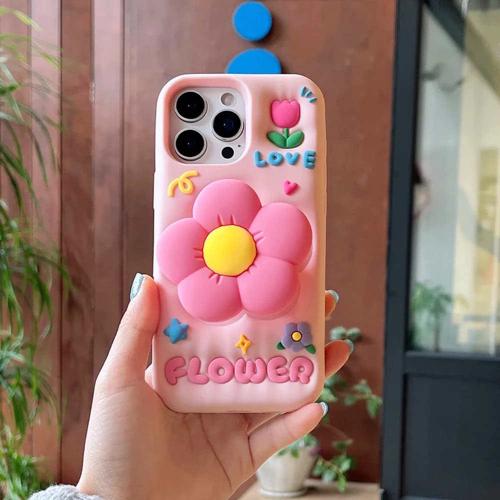 Custodia morbida in silicone con staffa floreale 3D carina Custodia con supporto per fiore per iPhone 16 15 14 13 12 11 Pro Max 7 8 Plus X XS Max XR