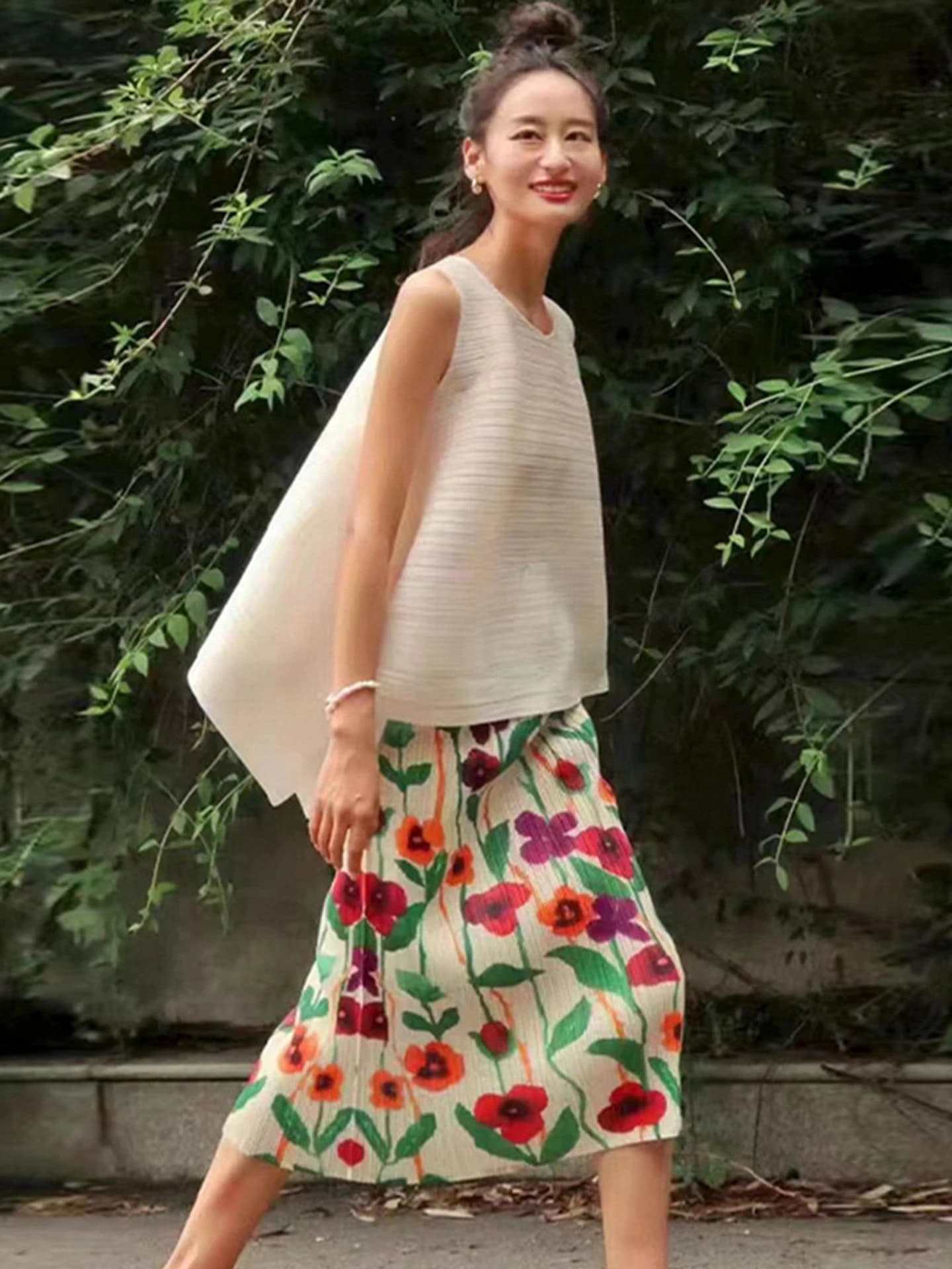 Gonna a trapezio a vita alta con stampa floreale, plissettata, stile semplice, lunghezza media, effetto snellente, nuova collezione estiva da donna
