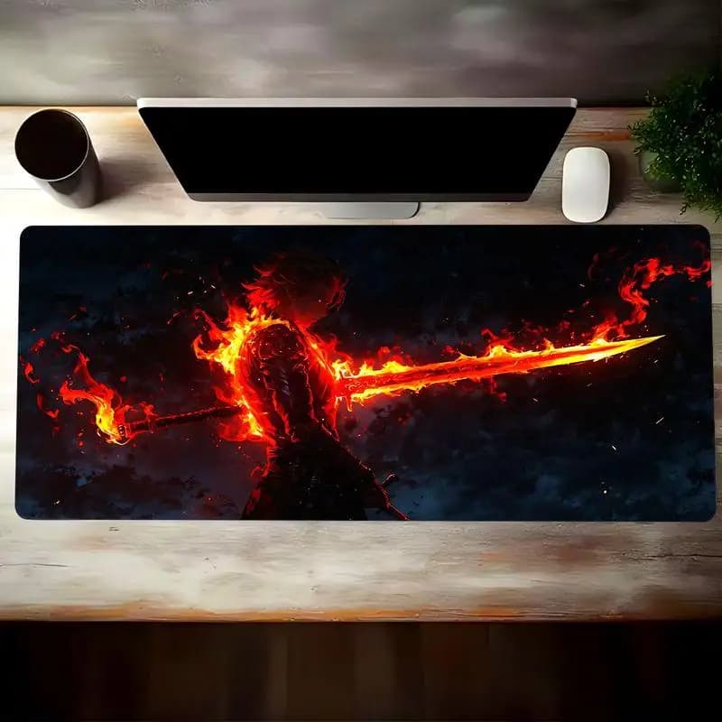 Tappetino per mouse da gioco grande XL Flaming Sword Warrior, base in gomma antiscivolo per PC, laptop e tastiera