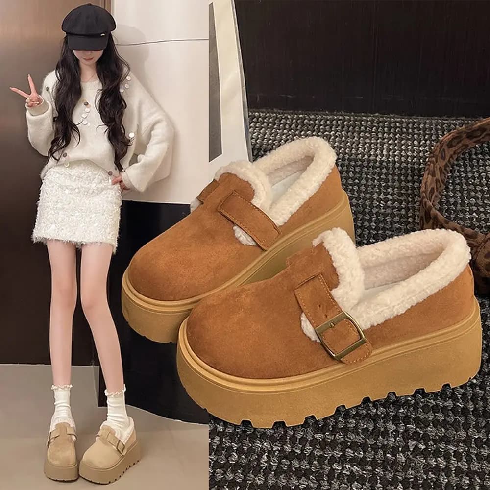 Scarpe da donna versatili alla moda in cotone Birkent Mocassini con fondo spesso Scarpe invernali con punta tonda e tacco piatto foderate in pile caldo