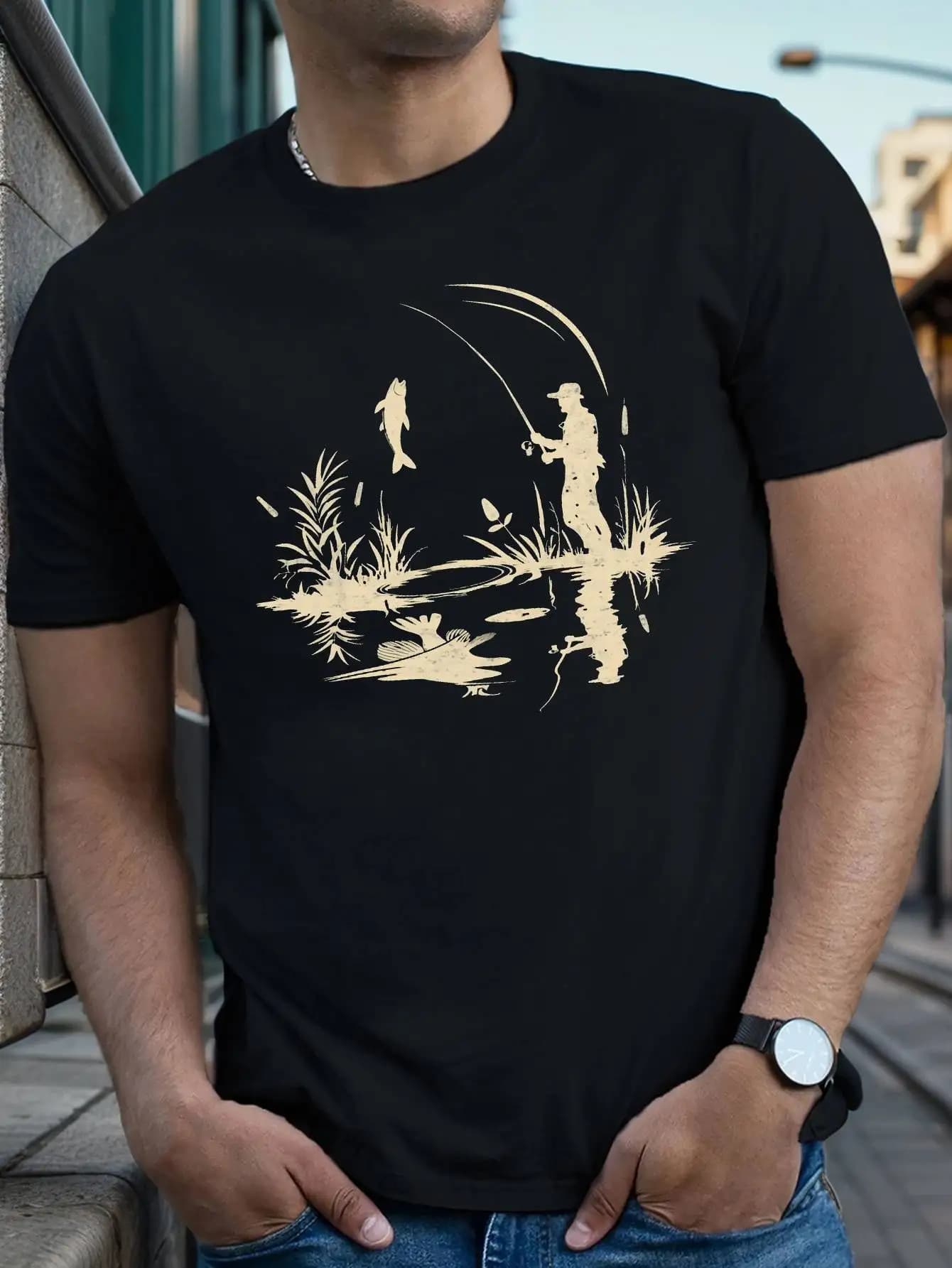 T-shirt stampata con silhouette da pescatore da uomo T-shirt girocollo casual con motivo geometrico leggero per canna da pesca