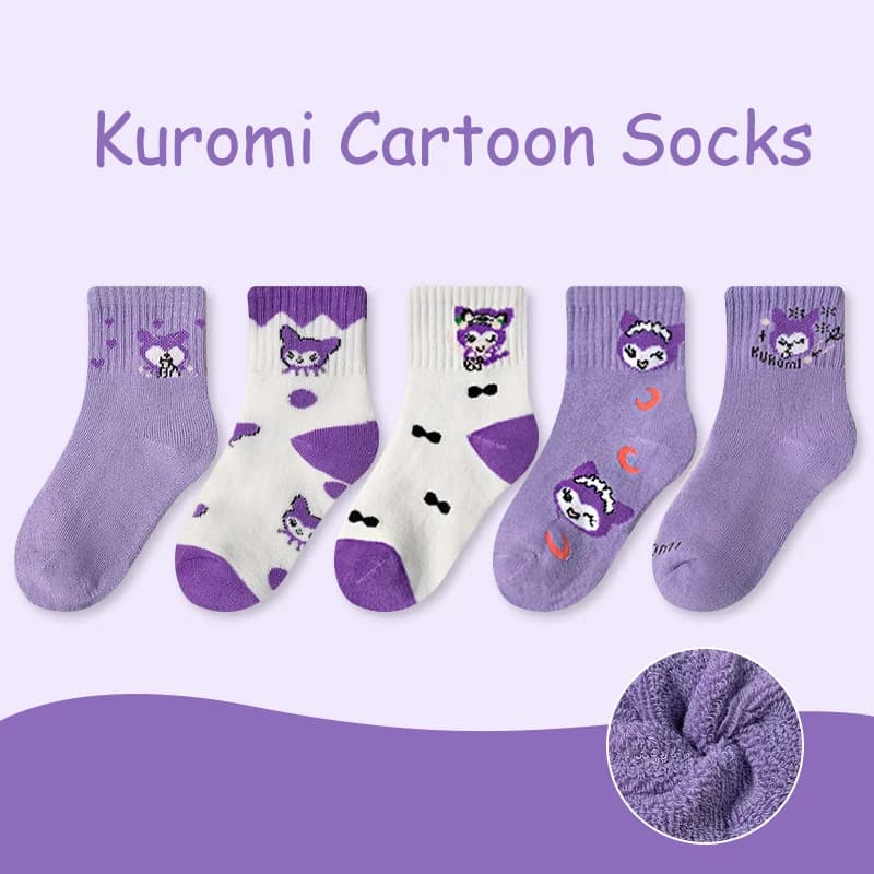 5 Pairs Kuromi Cartoon Socks for Kids Winter Thickened Terry Lined Warm Socks Cute Sanrio Character Crew Socks for Girls
