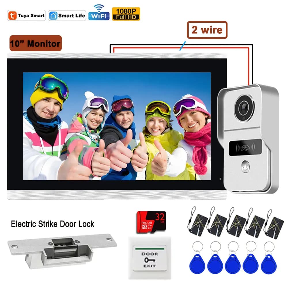 Videocitofono Wireless WiFi Tuya Smart a 2 Fili, Telecamera Esterna da 10 Pollici 1080P, Sistema Intercom con Serratura Elettrica