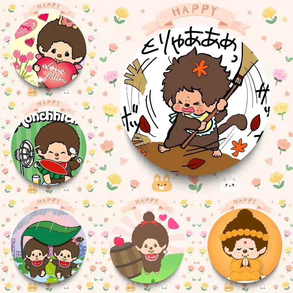 Spille smaltate rotonde in stile cartone animato M-Monchhichi per decorazione zaino e accessori