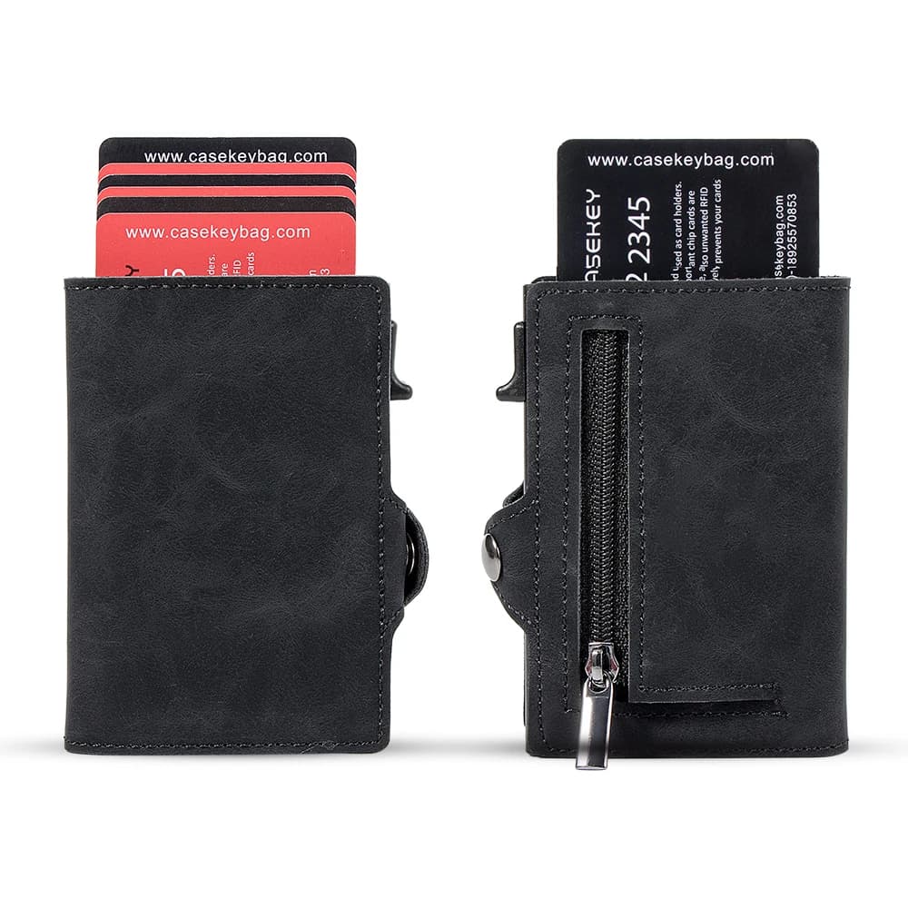 CASEKEY Men Card Holder Premium Vintage Leather Pop Up Cardholder Slim Minimalist Money Clip Smart Wallet with Coin Purse
