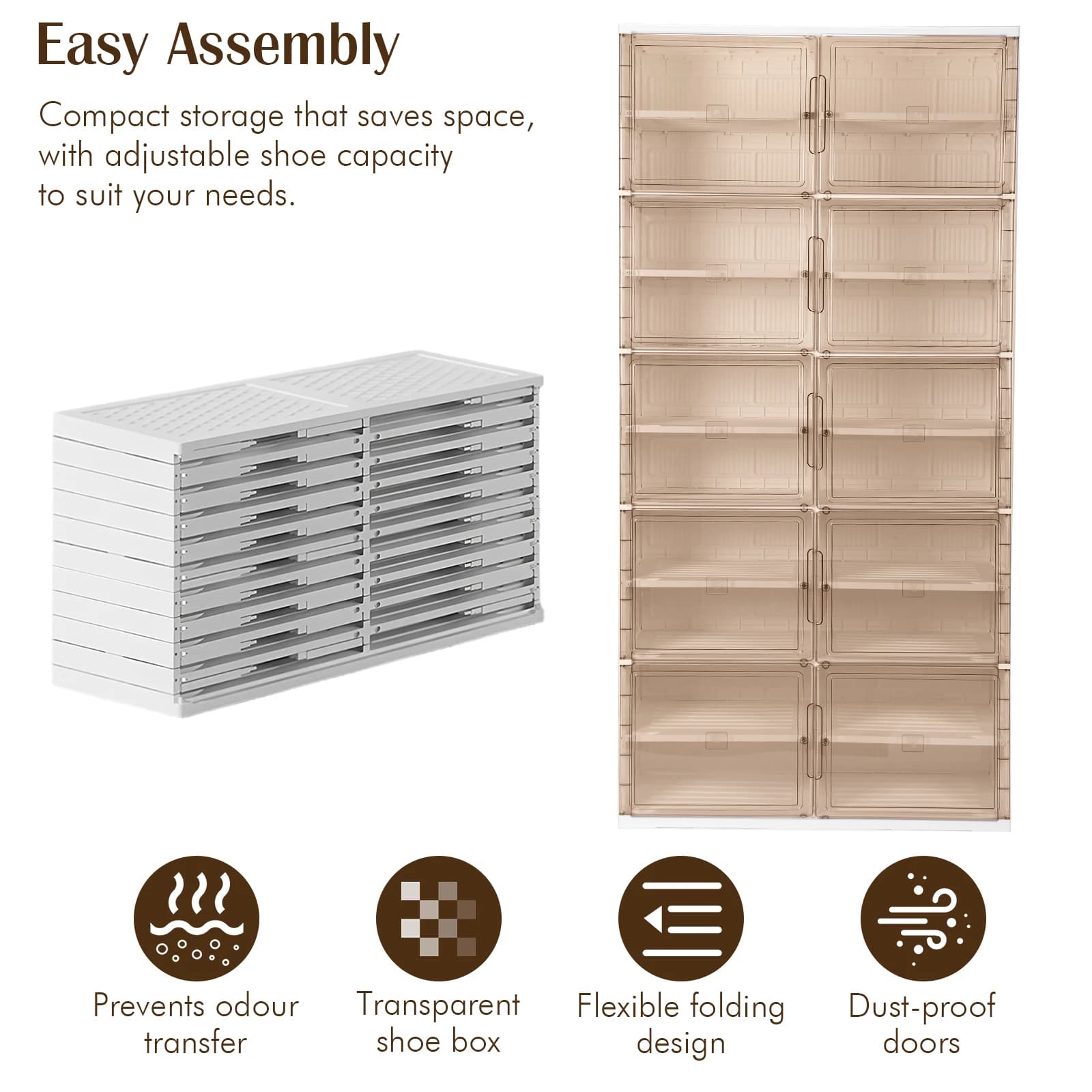 10 Tiers 40 Pairs Foldable Shoe Rack Organizer Collapsible Shoe Storage Box Plastic Shoe Cabinet for Entryway Living Room