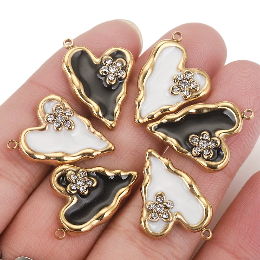 3pcs/lot Stainless Steel Enamel Heart Rhinestone Charms for DIY Bracelet Necklace Jewelry Making Supplies Accessories Wholesale