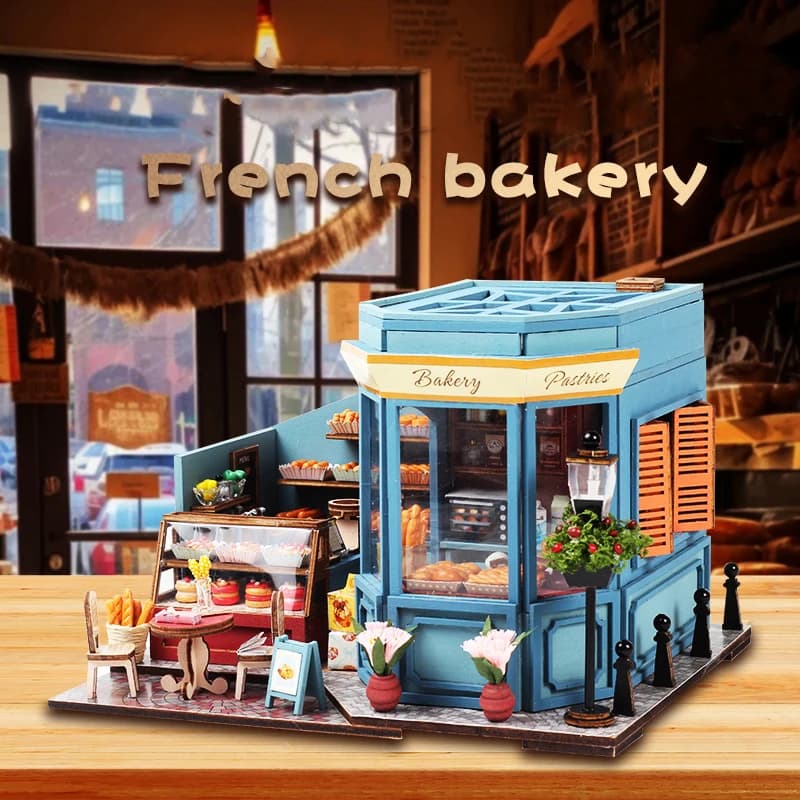 Casa delle bambole in legno fai-da-te Panetteria francese Parrucchiere in miniatura con kit di mobili Assemblare giocattoli per bambini Regalo di compleanno Casa