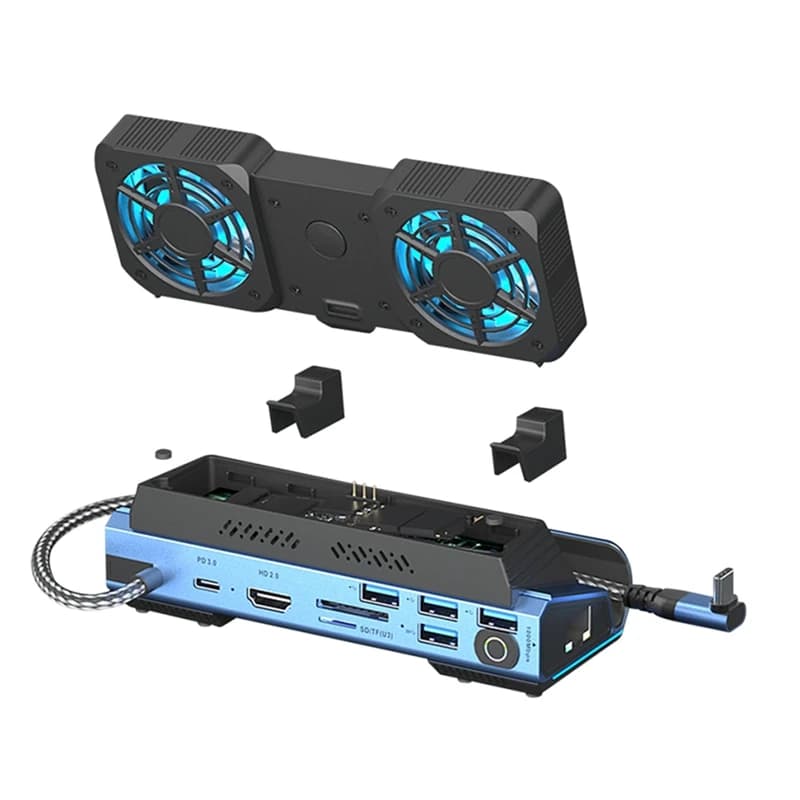 WISH Docking station per giochi di tipo C 10 in 1 per Steam Deckrog Ally/Switch M.2 Pcie Nvme Hard Disk Box, USB C HUB 4K60HZ Doppia ventola