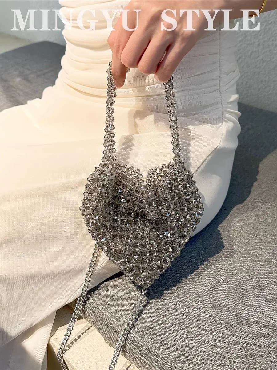 Versione in cristallo scintillante Borsa da donna con perline argento per lavoro pesante Borsa a tracolla inclinata Faionable Borsa a tracolla casual a forma di cuore Piccola...